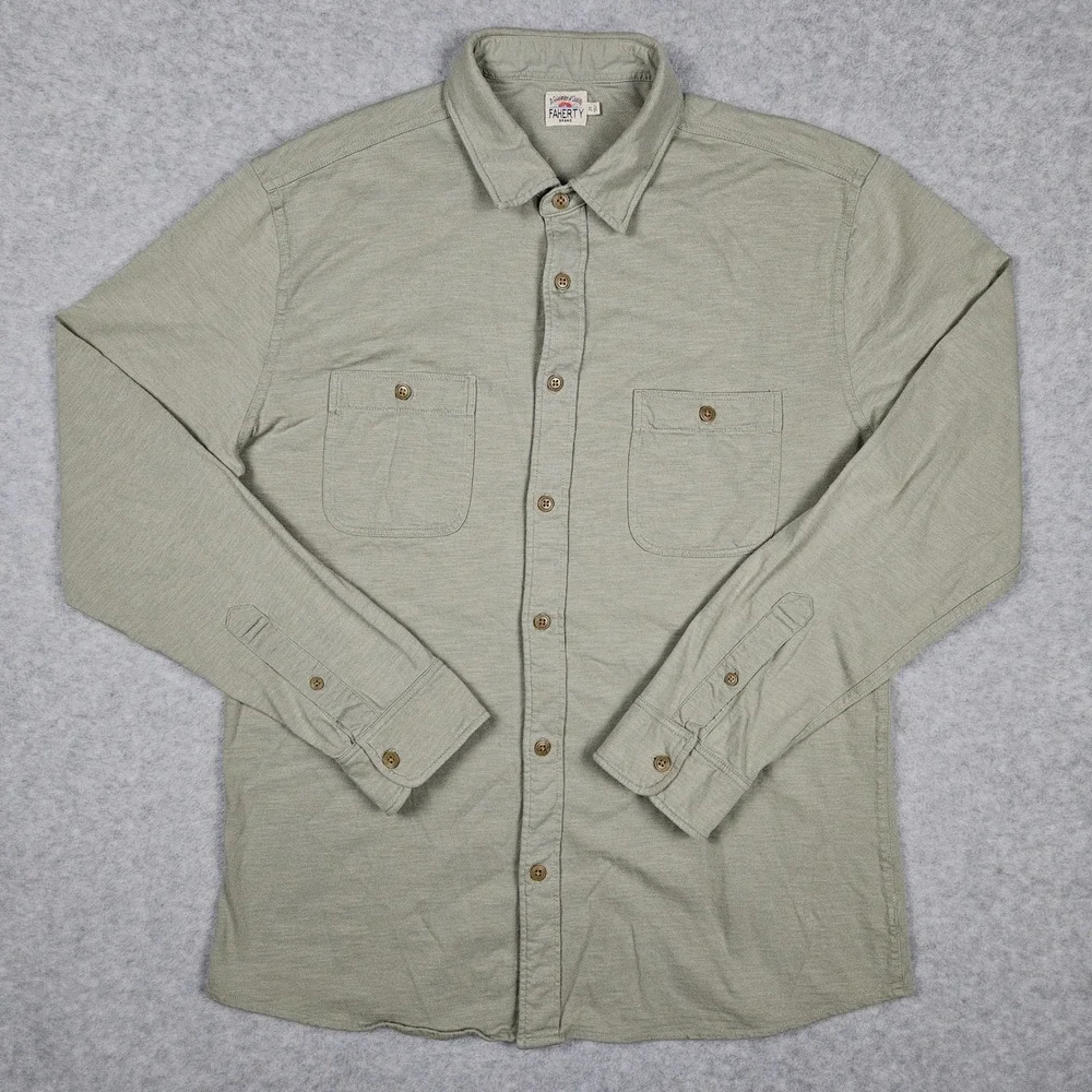 Faherty Seasons Men's XL Gray Green Button Front Shirt Organic Cotton Workshirt